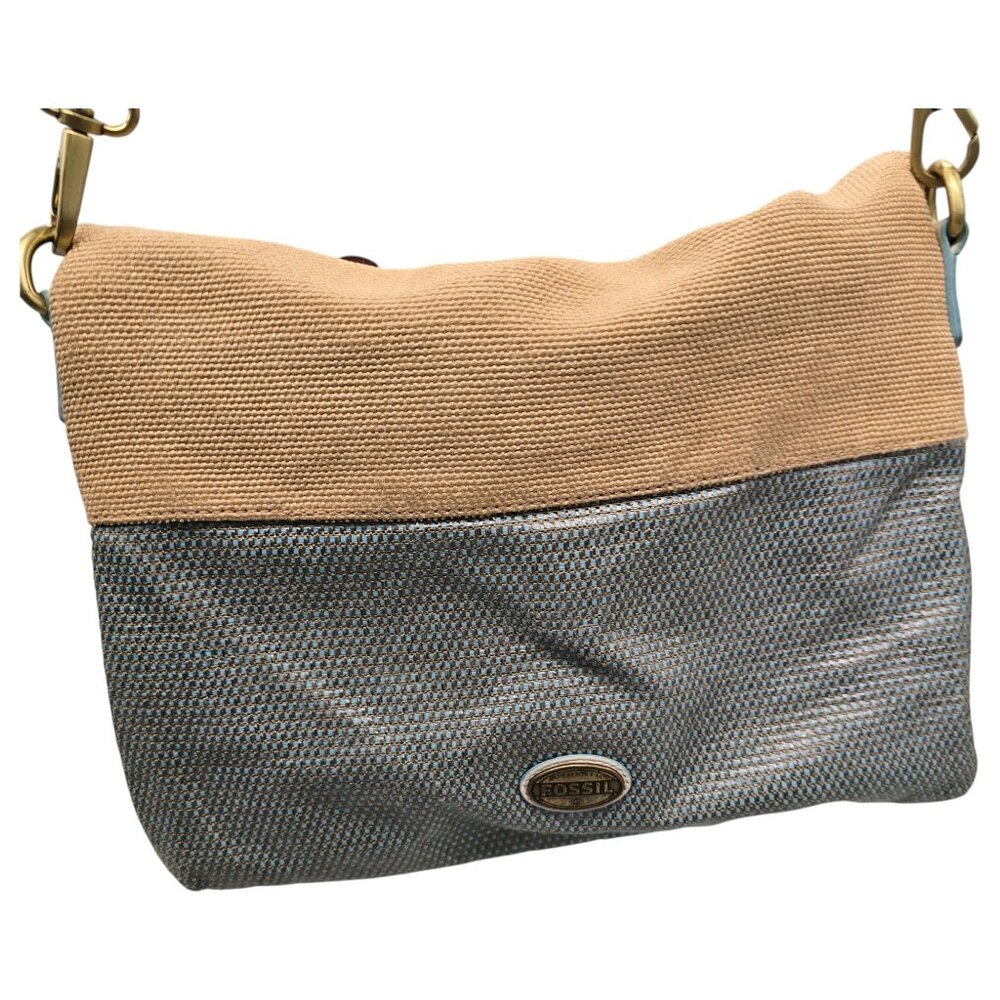 FOSSIL Explorer Woven Straw Triple Zip Hipster Crossbody Handbag Blue Beige EUC - Picture 4 of 16